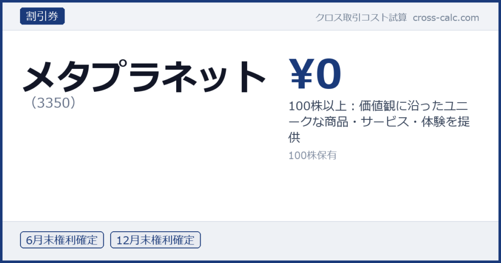 type=割引券|co=メタプラネット|code=3350|val=0|desc=100株以上：価値観に沿ったユニークな商品・サービス・体験を提供|shares=100|months=6月末,12月末|color=#1a3a7a