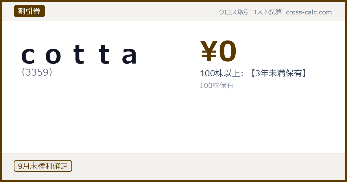 type=割引券|co=ｃｏｔｔａ|code=3359|val=0|desc=100株以上: 【3年未満保有】|shares=100|months=9月末|color=#5a3a00