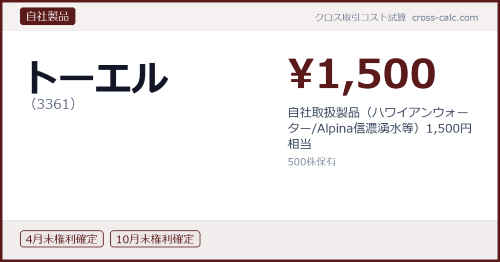 type=自社製品|co=トーエル|code=3361|val=1500|desc=自社取扱製品（ハワイアンウォーター/Alpina信濃湧水等）1,500円相当|shares=500|months=4月末,10月末|color=#5a1a1a