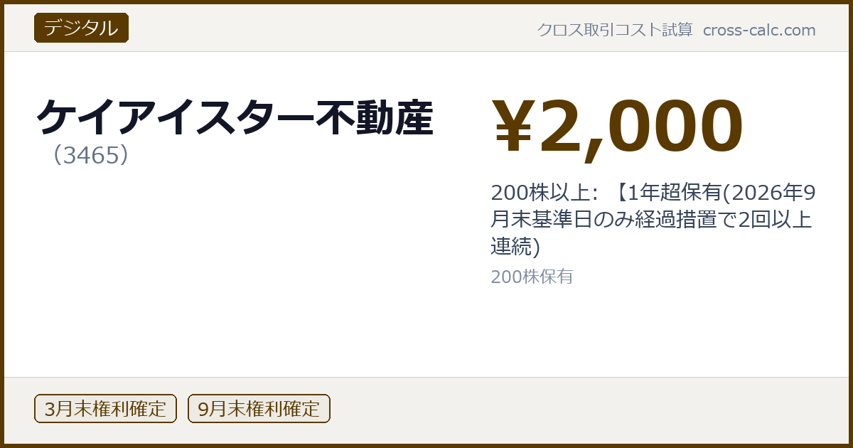 type=デジタル|co=ケイアイスター不動産|code=3465|val=2000|desc=200株以上: 【1年超保有(2026年9月末基準日のみ経過措置で2回以上連続)|shares=200|months=3月末,9月末|color=#5a3a00