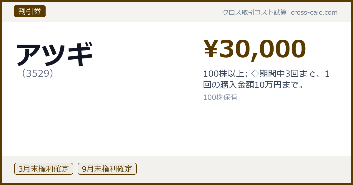 type=割引券|co=アツギ|code=3529|val=30000|desc=100株以上: ◇期間中3回まで、1回の購入金額10万円まで。|shares=100|months=3月末,9月末|color=#5a3a00