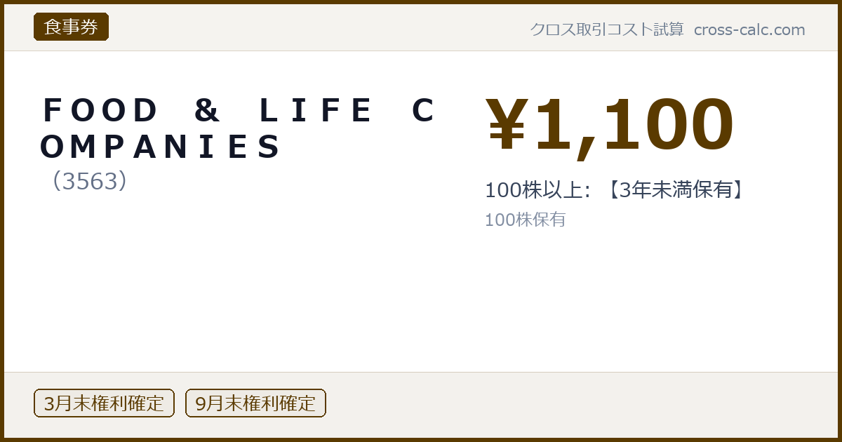 type=食事券|co=ＦＯＯＤ　＆　ＬＩＦＥ　ＣＯＭＰＡＮＩＥＳ|code=3563|val=1100|desc=100株以上: 【3年未満保有】|shares=100|months=3月末,9月末|color=#5a3a00