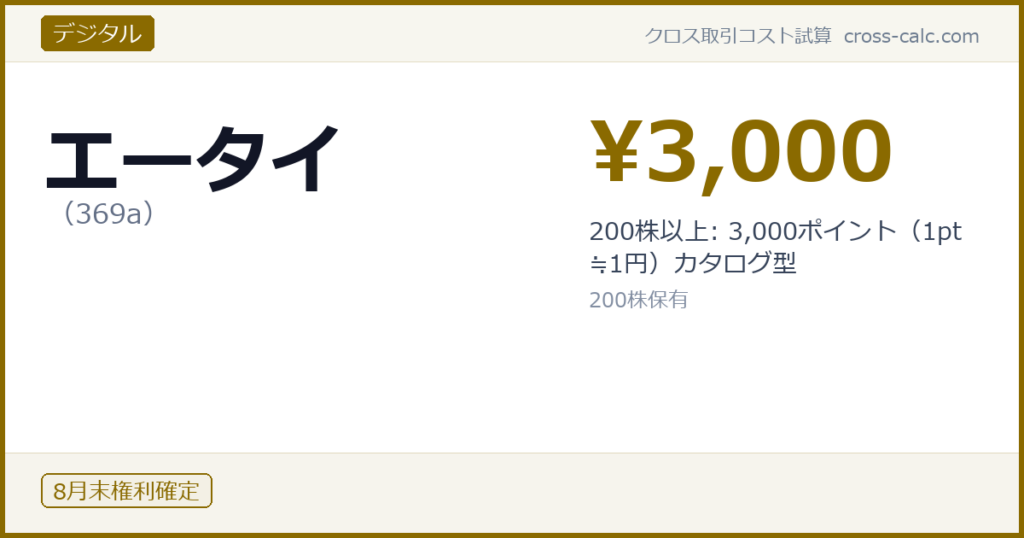 type=デジタル|co=エータイ|code=369a|val=3000|desc=200株以上: 3,000ポイント（1pt≒1円）カタログ型|shares=200|months=8月末|color=#8a6a00