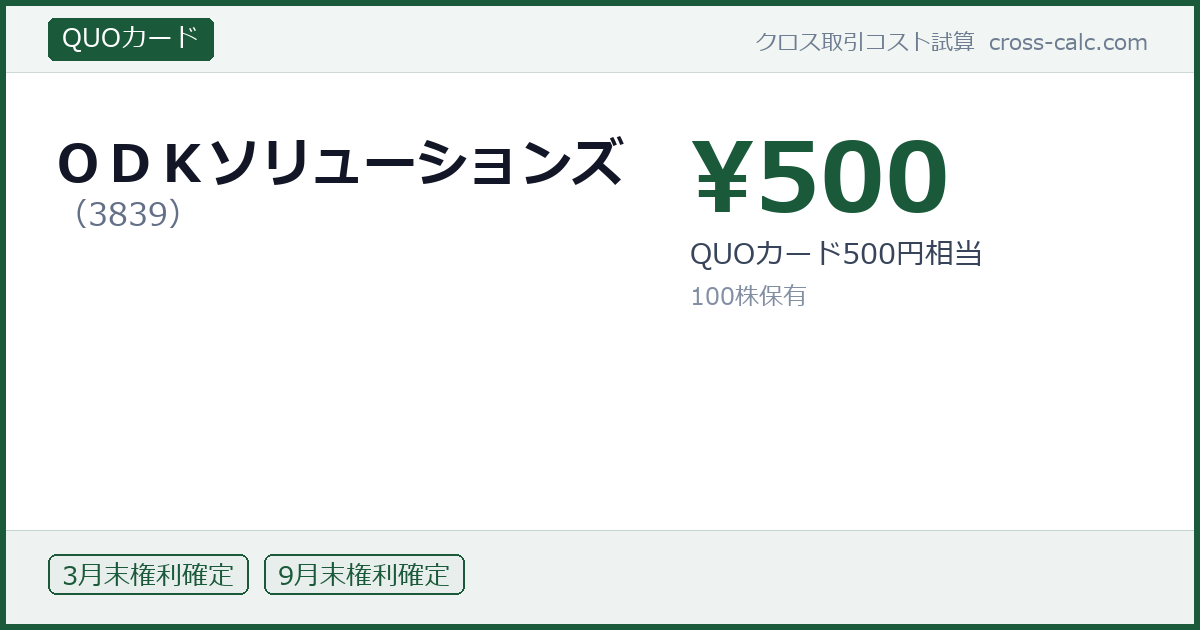 type=QUOカード|co=ＯＤＫソリューションズ|code=3839|val=500|desc=QUOカード500円相当|shares=100|months=3月末,9月末|color=#1a5a3a