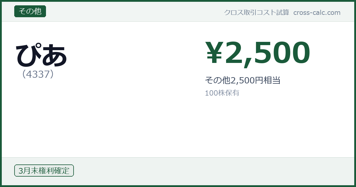 type=その他|co=ぴあ|code=4337|val=2500|desc=その他2,500円相当|shares=100|months=3月末|color=#1a5a3a