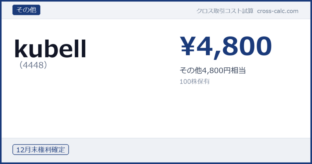type=その他|co=kubell|code=4448|val=4800|desc=その他4,800円相当|shares=100|months=12月末|color=#1a3a7a