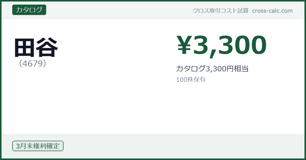 type=カタログ|co=田谷|code=4679|val=3300|desc=カタログ3,300円相当|shares=100|months=3月末|color=#1a5a3a