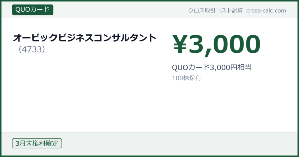 type=QUOカード|co=オービックビジネスコンサルタント|code=4733|val=3000|desc=QUOカード3,000円相当|shares=100|months=3月末|color=#1a5a3a