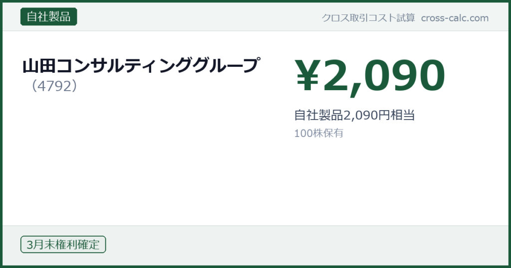type=自社製品|co=山田コンサルティンググループ|code=4792|val=2090|desc=自社製品2,090円相当|shares=100|months=3月末|color=#1a5a3a