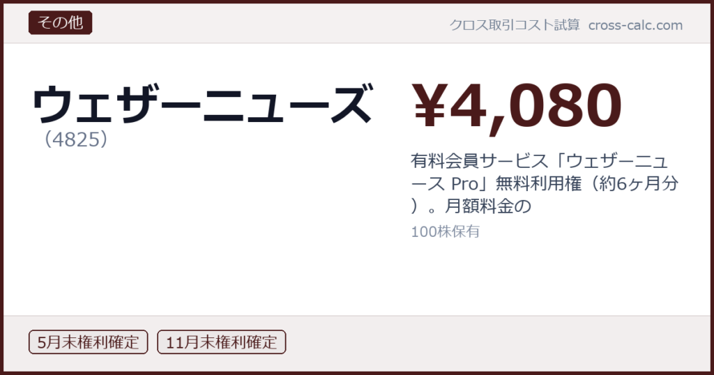 type=その他|co=ウェザーニューズ|code=4825|val=4080|desc=有料会員サービス「ウェザーニュース Pro」無料利用権（約6ヶ月分）。月額料金の|shares=100|months=5月末,11月末|color=#4a1a1a