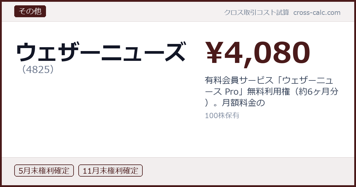 type=その他|co=ウェザーニューズ|code=4825|val=4080|desc=有料会員サービス「ウェザーニュース Pro」無料利用権（約6ヶ月分）。月額料金の|shares=100|months=5月末,11月末|color=#4a1a1a