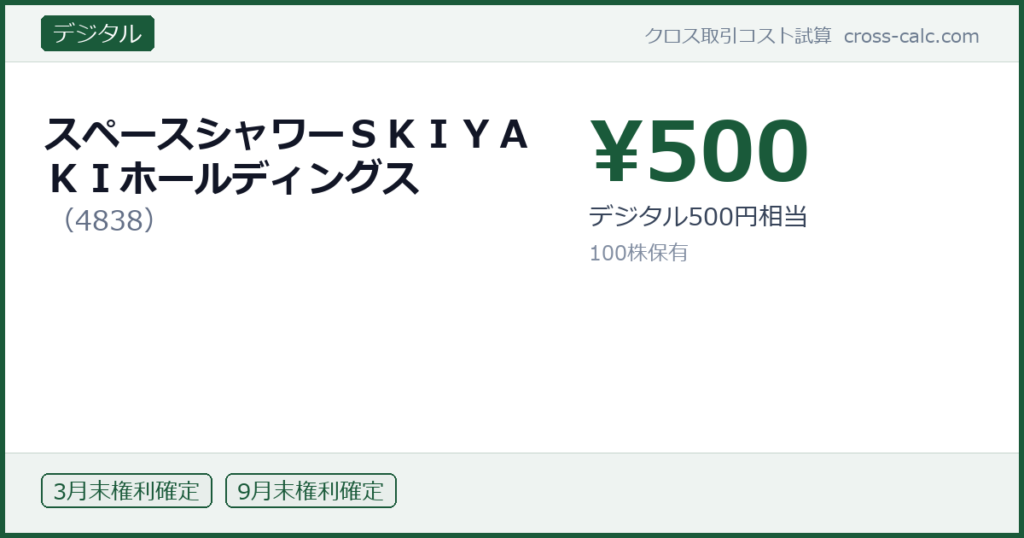 type=デジタル|co=スペースシャワーＳＫＩＹＡＫＩホールディングス|code=4838|val=500|desc=デジタル500円相当|shares=100|months=3月末,9月末|color=#1a5a3a