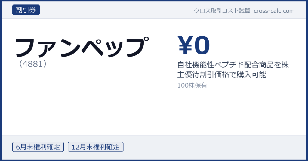type=割引券|co=ファンペップ|code=4881|val=0|desc=自社機能性ペプチド配合商品を株主優待割引価格で購入可能|shares=100|months=6月末,12月末|color=#1a3a7a