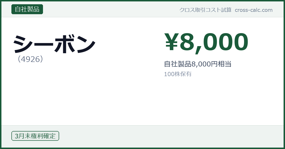 type=自社製品|co=シーボン|code=4926|val=8000|desc=自社製品8,000円相当|shares=100|months=3月末|color=#1a5a3a