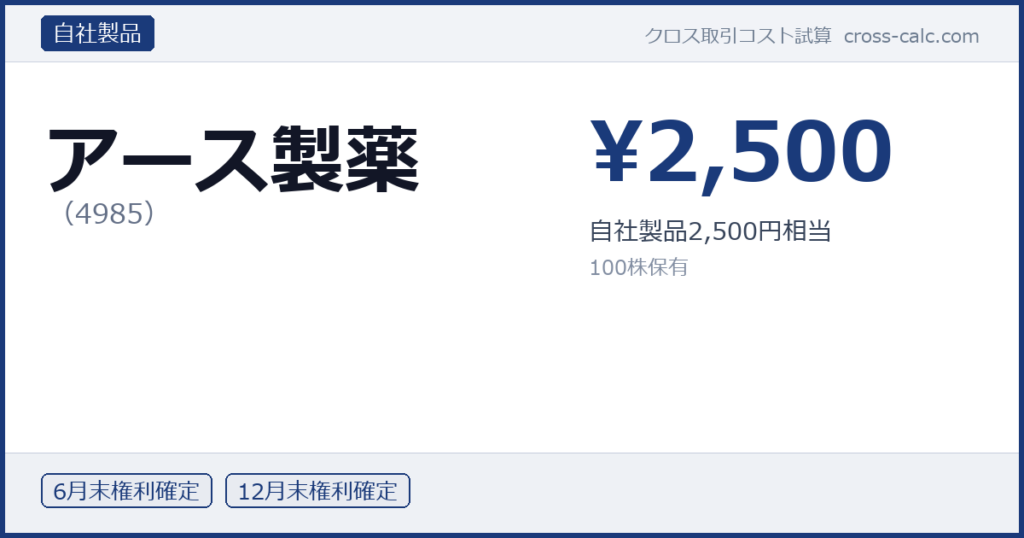 type=自社製品|co=アース製薬|code=4985|val=2500|desc=自社製品2,500円相当|shares=100|months=6月末,12月末|color=#1a3a7a