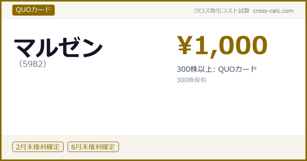 type=QUOカード|co=マルゼン|code=5982|val=1000|desc=300株以上: QUOカード|shares=300|months=2月末,8月末|color=#8a6a00