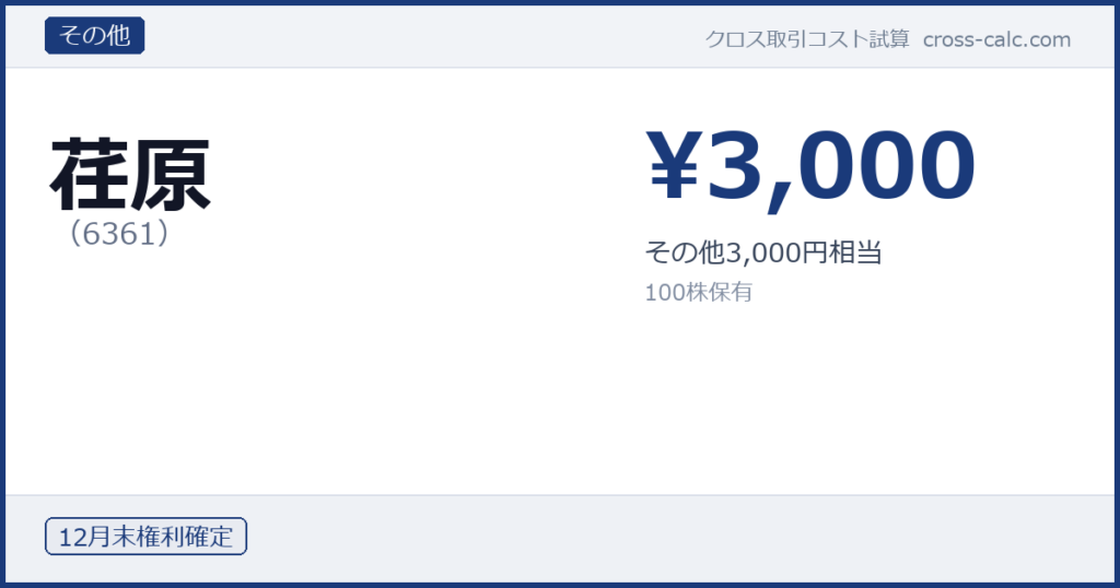 type=その他|co=荏原|code=6361|val=3000|desc=その他3,000円相当|shares=100|months=12月末|color=#1a3a7a