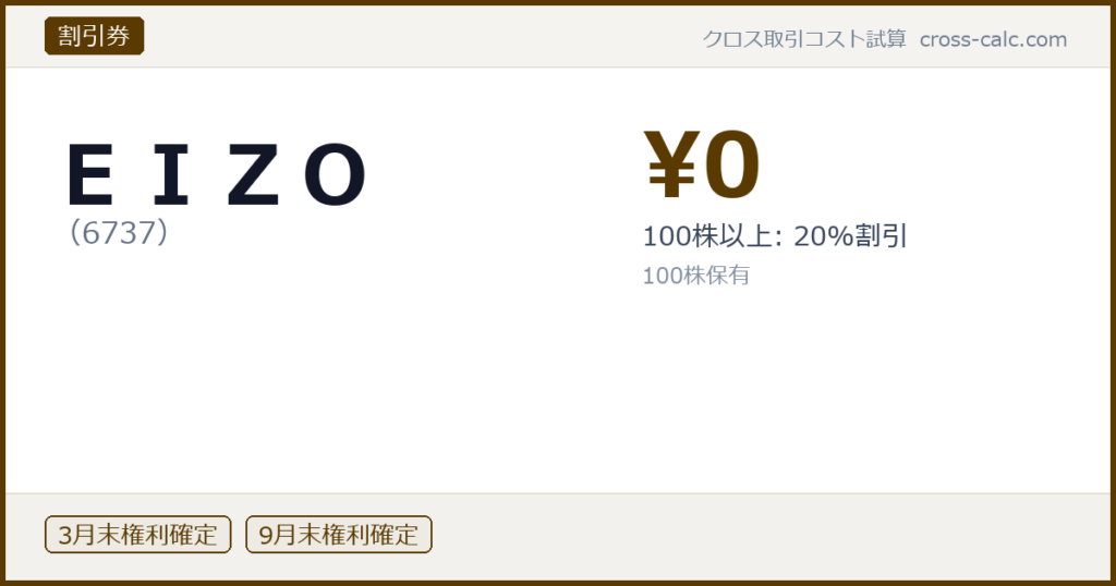 type=割引券|co=ＥＩＺＯ|code=6737|val=0|desc=100株以上: 20%割引|shares=100|months=3月末,9月末|color=#5a3a00