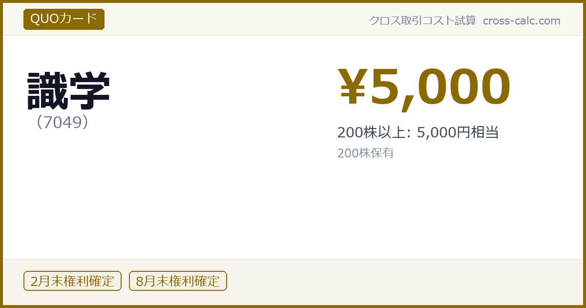 type=QUOカード|co=識学|code=7049|val=5000|desc=200株以上: 5,000円相当|shares=200|months=2月末,8月末|color=#8a6a00