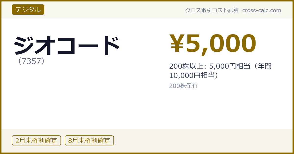 type=デジタル|co=ジオコード|code=7357|val=5000|desc=200株以上: 5,000円相当（年間　10,000円相当）|shares=200|months=2月末,8月末|color=#8a6a00