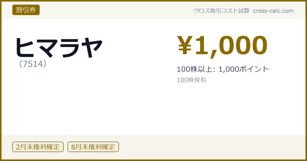 type=割引券|co=ヒマラヤ|code=7514|val=1000|desc=100株以上: 1,000ポイント|shares=100|months=2月末,8月末|color=#8a6a00