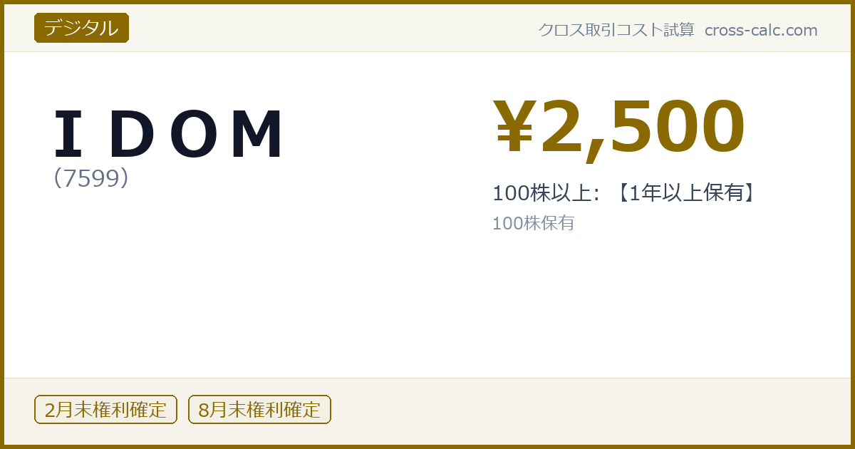 type=デジタル|co=ＩＤＯＭ|code=7599|val=2500|desc=100株以上: 【1年以上保有】|shares=100|months=2月末,8月末|color=#8a6a00