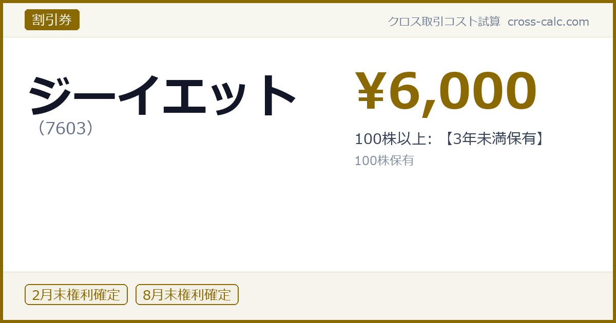 type=割引券|co=ジーイエット|code=7603|val=6000|desc=100株以上: 【3年未満保有】|shares=100|months=2月末,8月末|color=#8a6a00