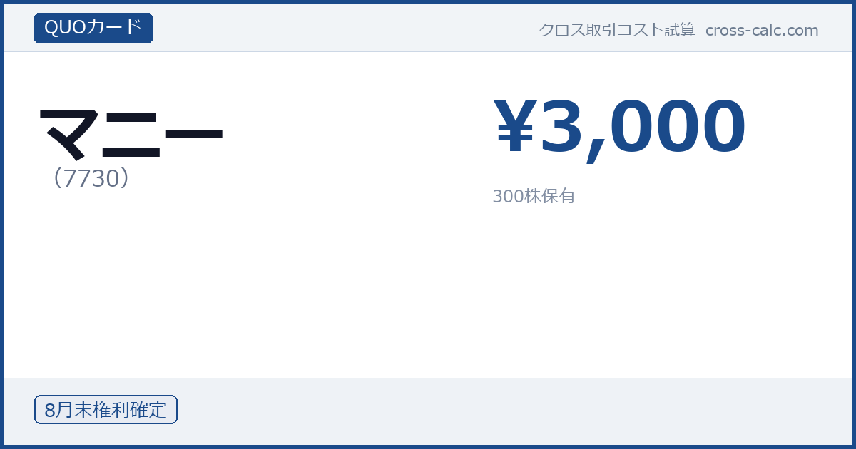 type=QUOカード|co=マニー|code=7730|val=3000|desc=|shares=300|months=8月末|color=#1a4a8a