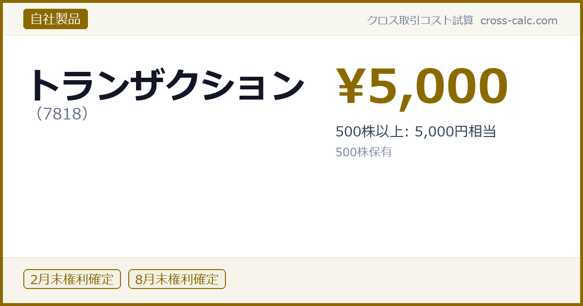 type=自社製品|co=トランザクション|code=7818|val=5000|desc=500株以上: 5,000円相当|shares=500|months=2月末,8月末|color=#8a6a00