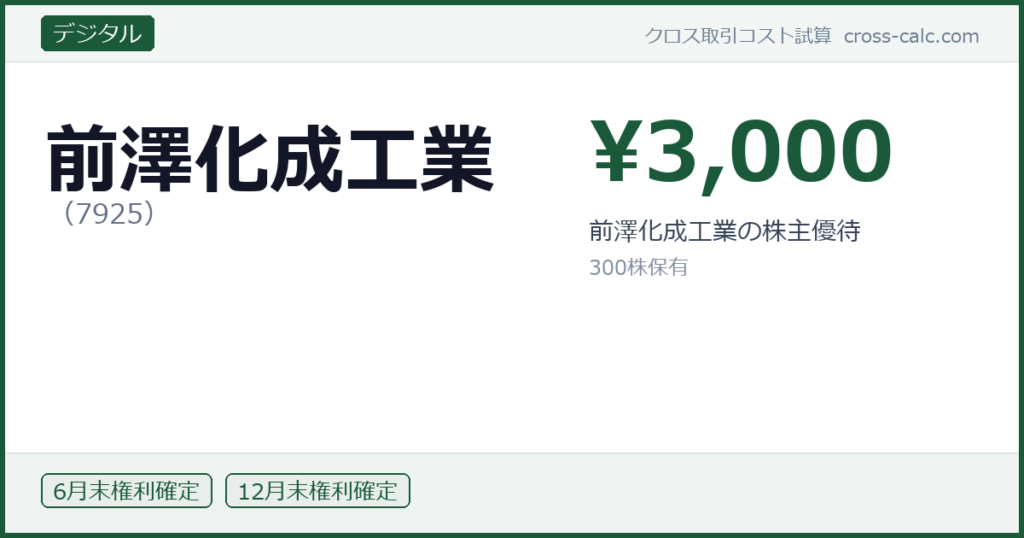 type=デジタル|co=前澤化成工業|code=7925|val=3000|desc=前澤化成工業の株主優待|shares=300|months=6月末,12月末|color=#1a5a3a