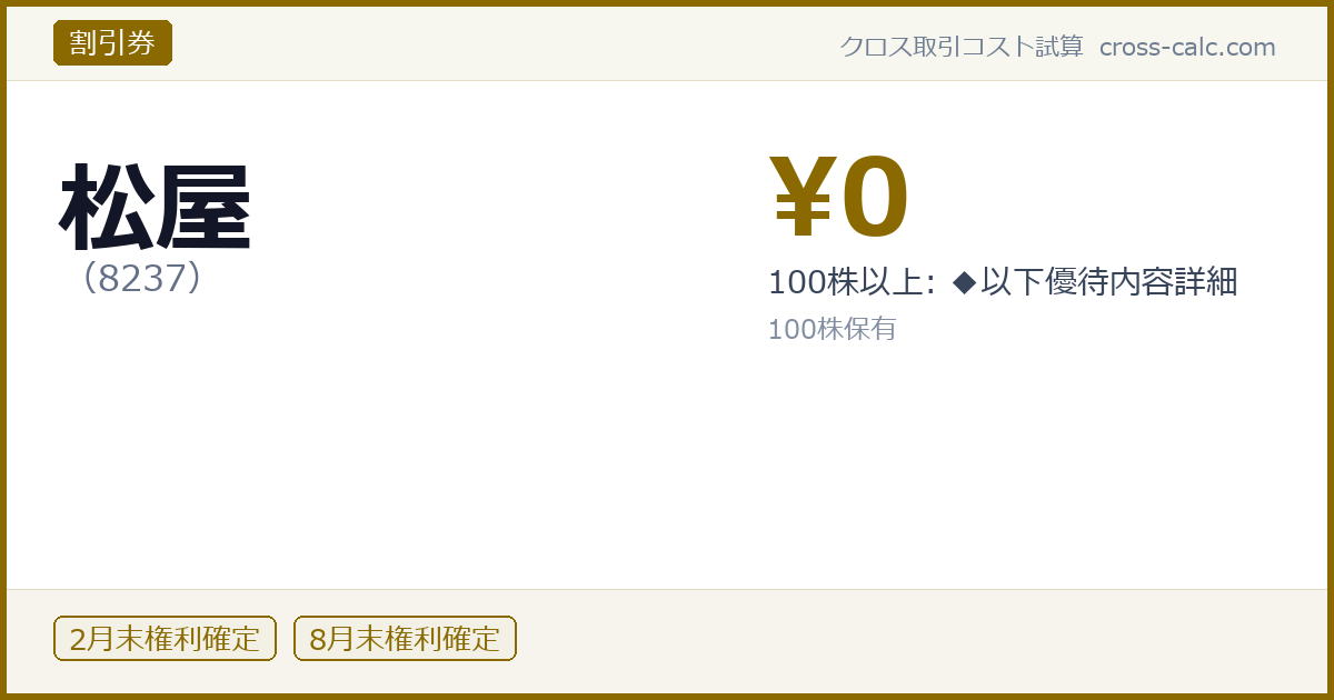 type=割引券|co=松屋|code=8237|val=0|desc=100株以上: ◆以下優待内容詳細|shares=100|months=2月末,8月末|color=#8a6a00