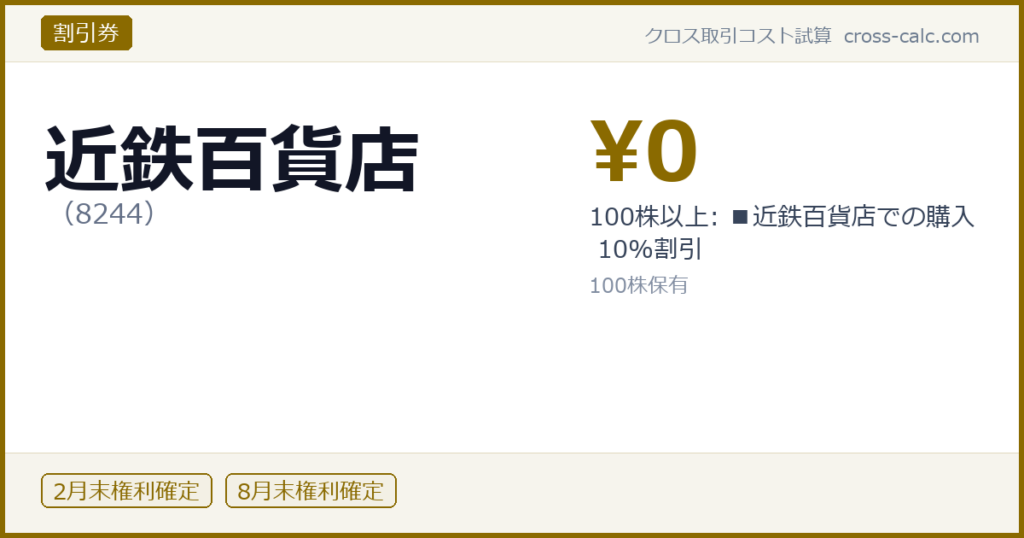 type=割引券|co=近鉄百貨店|code=8244|val=0|desc=100株以上: ■近鉄百貨店での購入 10%割引|shares=100|months=2月末,8月末|color=#8a6a00