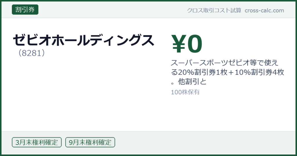 type=割引券|co=ゼビオホールディングス|code=8281|val=0|desc=スーパースポーツゼビオ等で使える20%割引券1枚＋10%割引券4枚。他割引と|shares=100|months=3月末,9月末|color=#1a5a3a
