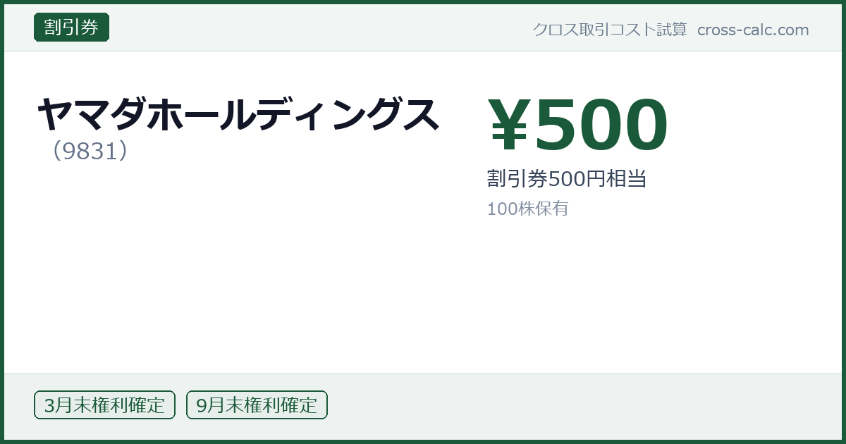 type=割引券|co=ヤマダホールディングス|code=9831|val=500|desc=割引券500円相当|shares=100|months=3月末,9月末|color=#1a5a3a
